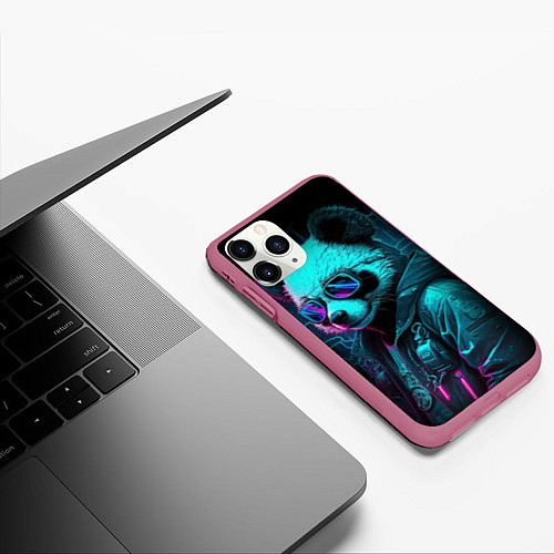 Чехол iPhone 11 Pro матовый Панда в стиле киберпанк / 3D-Малиновый – фото 3