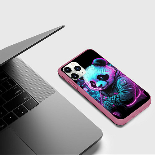 Чехол iPhone 11 Pro матовый Панда в неоновом свете / 3D-Малиновый – фото 3
