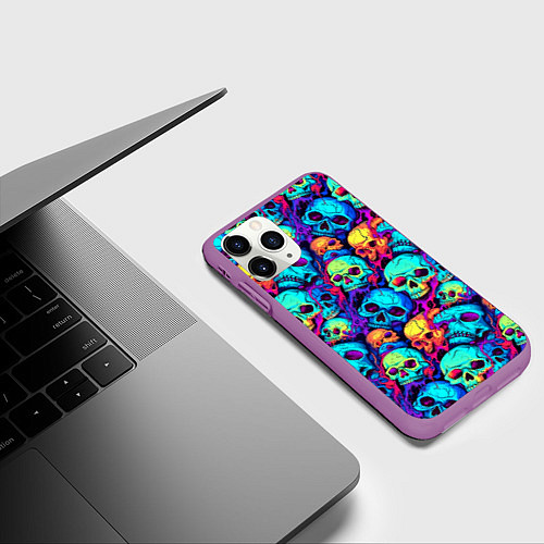 Чехол iPhone 11 Pro матовый Яркие кислотные черепа / 3D-Фиолетовый – фото 3