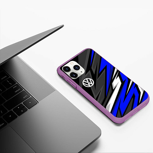 Чехол iPhone 11 Pro матовый Volkswagen - Синяя абстракция / 3D-Фиолетовый – фото 3