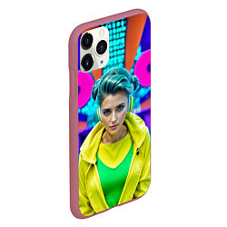 Чехол iPhone 11 Pro матовый Девушка в жёлтой куртке и наушниках, цвет: 3D-малиновый — фото 2