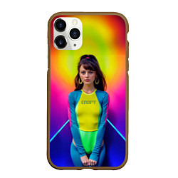 Чехол iPhone 11 Pro матовый Девушка гимнастка в неоновом зале, цвет: 3D-коричневый