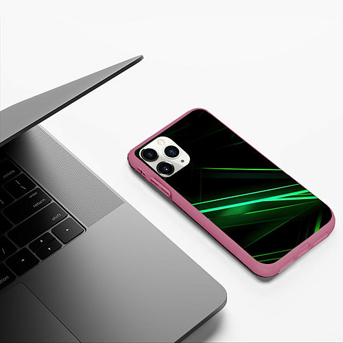 Чехол iPhone 11 Pro матовый Green lines black backgrouns / 3D-Малиновый – фото 3