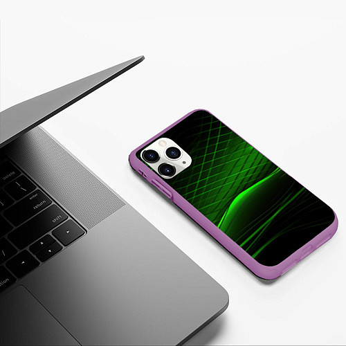 Чехол iPhone 11 Pro матовый Green lines black backgrouns / 3D-Фиолетовый – фото 3