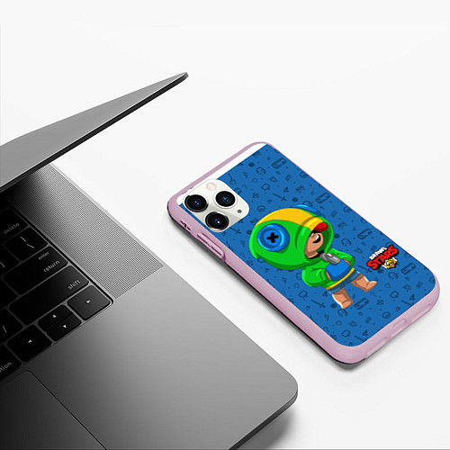Чехол iPhone 11 Pro матовый Леон из Бравл Старс синий / 3D-Розовый – фото 3