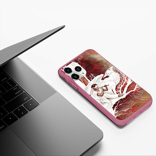 Чехол iPhone 11 Pro матовый Слепой флейтист и белый грифон / 3D-Малиновый – фото 3