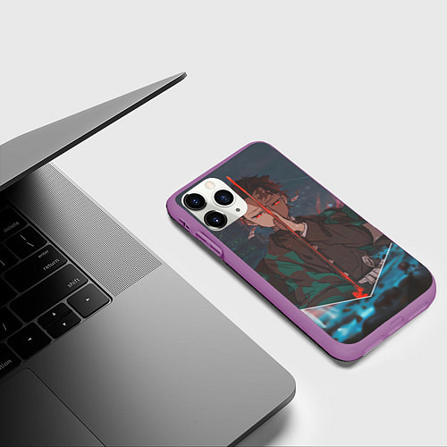 Чехол iPhone 11 Pro матовый Клинок рассекающий демонов Tanjirou Kamado / 3D-Фиолетовый – фото 3