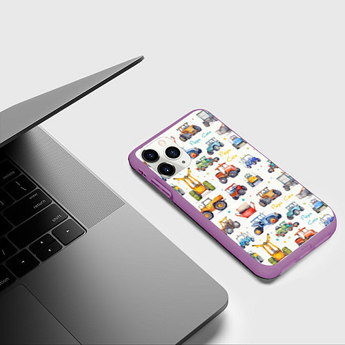 Чехол iPhone 11 Pro матовый Акварельные тракторы - детский паттерн / 3D-Фиолетовый – фото 3