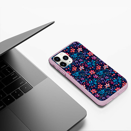 Чехол iPhone 11 Pro матовый Цветочный паттерн в синих и сиреневых тонах / 3D-Розовый – фото 3