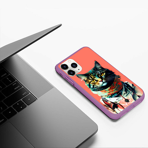 Чехол iPhone 11 Pro матовый Милый котик на розовом фоне - поп-арт / 3D-Фиолетовый – фото 3