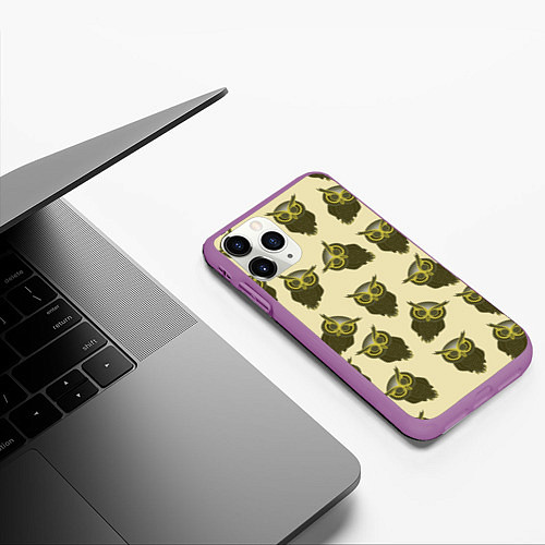 Чехол iPhone 11 Pro матовый Сова птица паттерн / 3D-Фиолетовый – фото 3