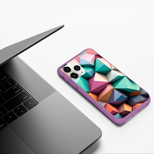 Чехол iPhone 11 Pro матовый Полигональные объемные кубы и тетраэдры в пастельн / 3D-Фиолетовый – фото 3