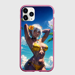 Чехол iPhone 11 Pro матовый Девушка в желтом купальнике, цвет: 3D-малиновый