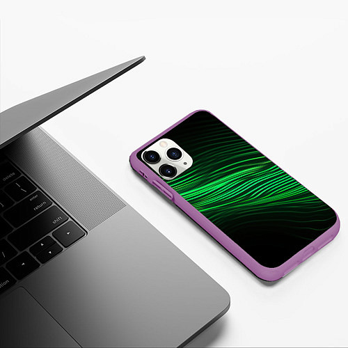 Чехол iPhone 11 Pro матовый Green neon lines / 3D-Фиолетовый – фото 3