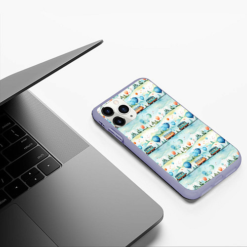 Чехол iPhone 11 Pro матовый Трамвайчики и воздушные шары - авральный паттерн / 3D-Светло-сиреневый – фото 3