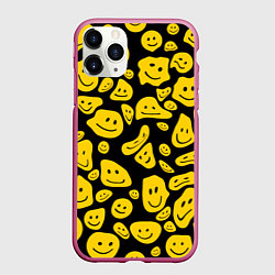 Чехол iPhone 11 Pro матовый Расплывающиеся смайлы на черном, цвет: 3D-малиновый