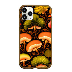 Чехол iPhone 11 Pro матовый Грибы с листвой узор, цвет: 3D-коричневый