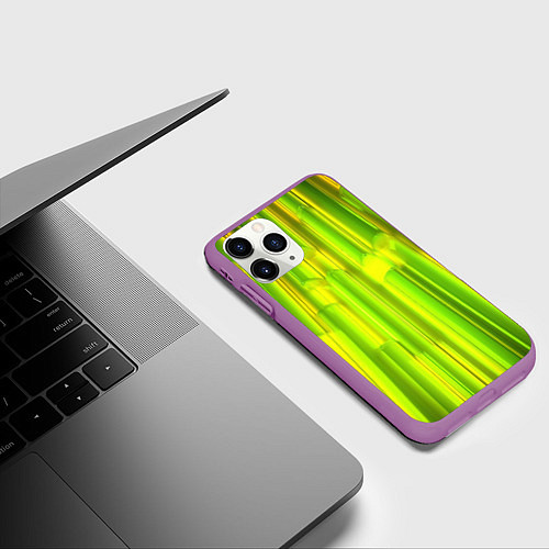 Чехол iPhone 11 Pro матовый Зеленые неоновые полосы / 3D-Фиолетовый – фото 3