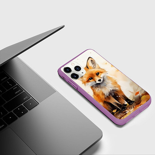 Чехол iPhone 11 Pro матовый Лиса в осеннем лесу акварель / 3D-Фиолетовый – фото 3