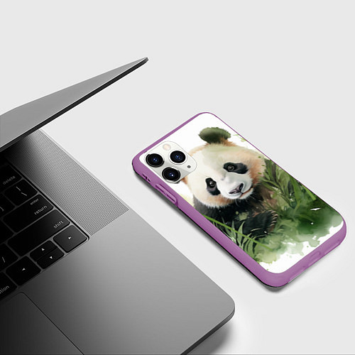 Чехол iPhone 11 Pro матовый Панда акварель / 3D-Фиолетовый – фото 3