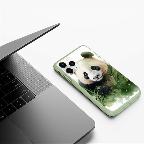 Чехол iPhone 11 Pro матовый Панда акварель / 3D-Салатовый – фото 3