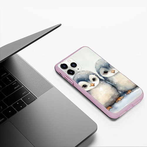 Чехол iPhone 11 Pro матовый Милые пингвины акварель / 3D-Розовый – фото 3
