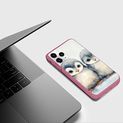 Чехол iPhone 11 Pro матовый Милые пингвины акварель, цвет: 3D-малиновый — фото 2