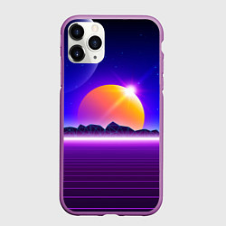 Чехол iPhone 11 Pro матовый Mountains - sun - space - vaporwave, цвет: 3D-фиолетовый