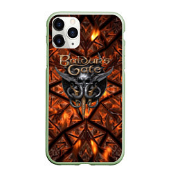 Чехол iPhone 11 Pro матовый Baldurs Gate 3 logo fire, цвет: 3D-салатовый