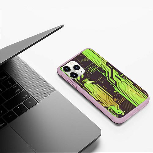 Чехол iPhone 11 Pro матовый Кибер схемы кислотно-зелёные / 3D-Розовый – фото 3