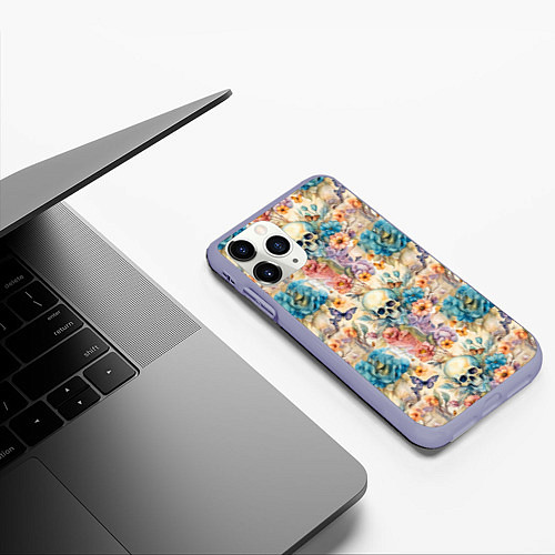 Чехол iPhone 11 Pro матовый Череп в цветах с бабочками узор / 3D-Светло-сиреневый – фото 3