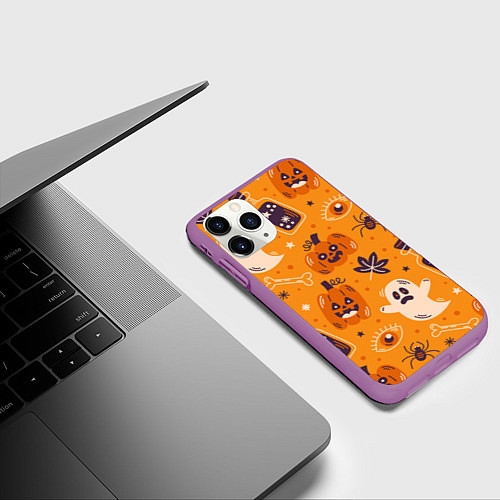 Чехол iPhone 11 Pro матовый Хэллоуин - тыквы и приведенья / 3D-Фиолетовый – фото 3