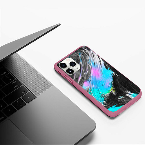 Чехол iPhone 11 Pro матовый Акварельные чёрные голубые розовые разводы / 3D-Малиновый – фото 3