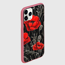 Чехол iPhone 11 Pro матовый Красные маки на темном фоне, цвет: 3D-малиновый — фото 2