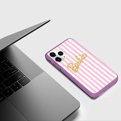 Чехол iPhone 11 Pro матовый Barbie - золотая надпись и бело-розовые полосы, цвет: 3D-фиолетовый — фото 2