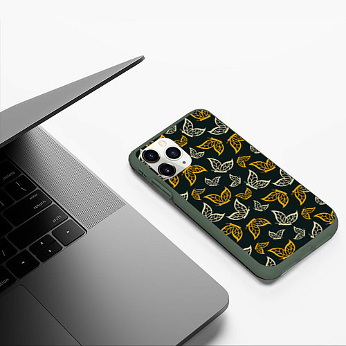 Чехол iPhone 11 Pro матовый Бежевые и желтые бабочки на темном фоне / 3D-Темно-зеленый – фото 3
