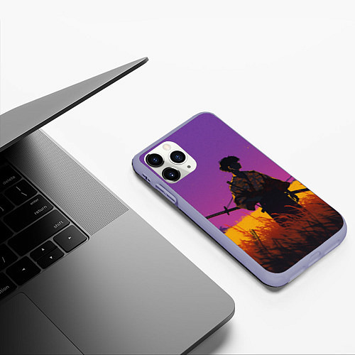 Чехол iPhone 11 Pro матовый Самурай на закате - фиолетовый / 3D-Светло-сиреневый – фото 3