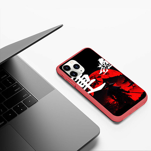 Чехол iPhone 11 Pro матовый Японский самурай и красная луна / 3D-Красный – фото 3