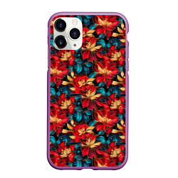 Чехол iPhone 11 Pro матовый Красные цветы с синими листьями узор, цвет: 3D-фиолетовый