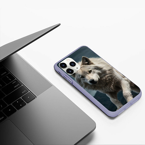 Чехол iPhone 11 Pro матовый Белый волк вожак стаи / 3D-Светло-сиреневый – фото 3