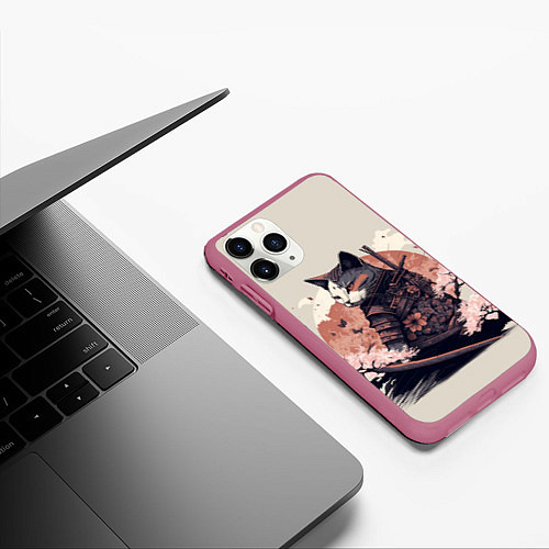 Чехол iPhone 11 Pro матовый Боевой котенок ниндзя - японская сакура / 3D-Малиновый – фото 3