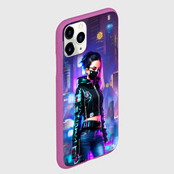 Чехол iPhone 11 Pro матовый Девчонка в маске в мегаполисе - киберпанк, цвет: 3D-фиолетовый — фото 2
