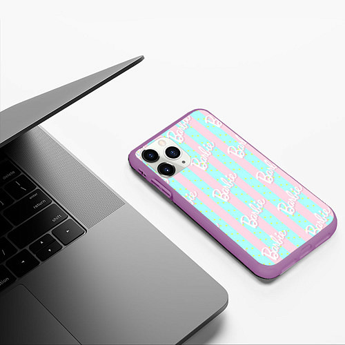 Чехол iPhone 11 Pro матовый Паттерн Барби на фоне костюма Кена в розово-голубу / 3D-Фиолетовый – фото 3