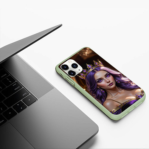 Чехол iPhone 11 Pro матовый Девушка с фиолетовыми волосами в короне / 3D-Салатовый – фото 3