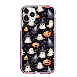 Чехол iPhone 11 Pro матовый Милые привидения и хэллуинские тыквы - паттерн, цвет: 3D-розовый