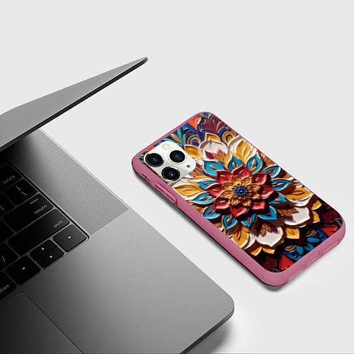 Чехол iPhone 11 Pro матовый Цветок масляные краски / 3D-Малиновый – фото 3