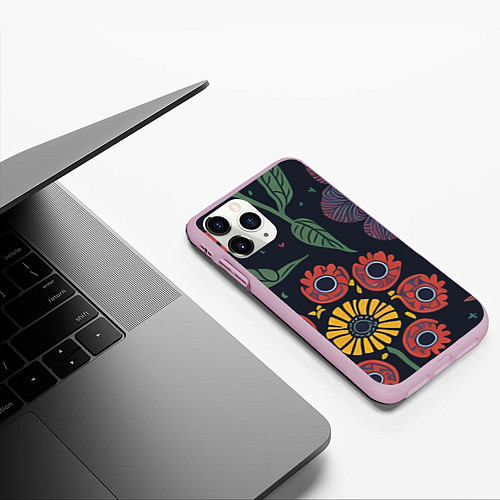 Чехол iPhone 11 Pro матовый Простые цветы на глубоком синем / 3D-Розовый – фото 3