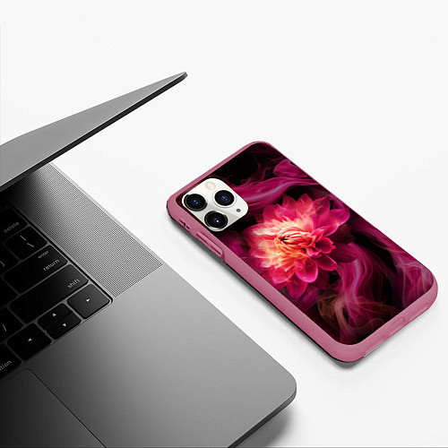 Чехол iPhone 11 Pro матовый Розовый цветок в огне - нейросеть / 3D-Малиновый – фото 3