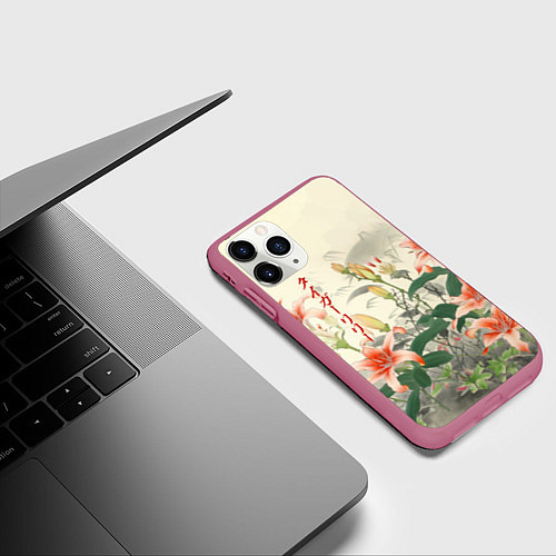 Чехол iPhone 11 Pro матовый Тигровые лилии - японский стиль / 3D-Малиновый – фото 3