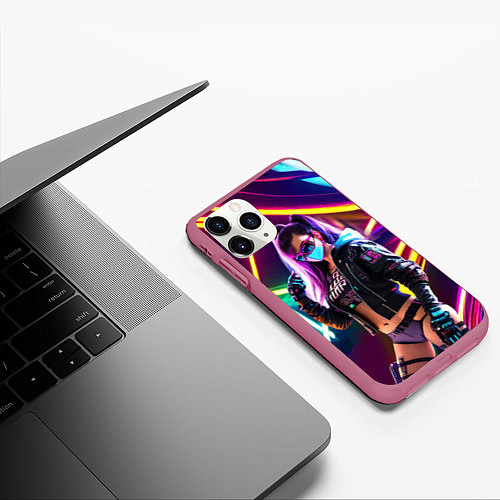 Чехол iPhone 11 Pro матовый Cool girl - cyberpunk - neon glow / 3D-Малиновый – фото 3